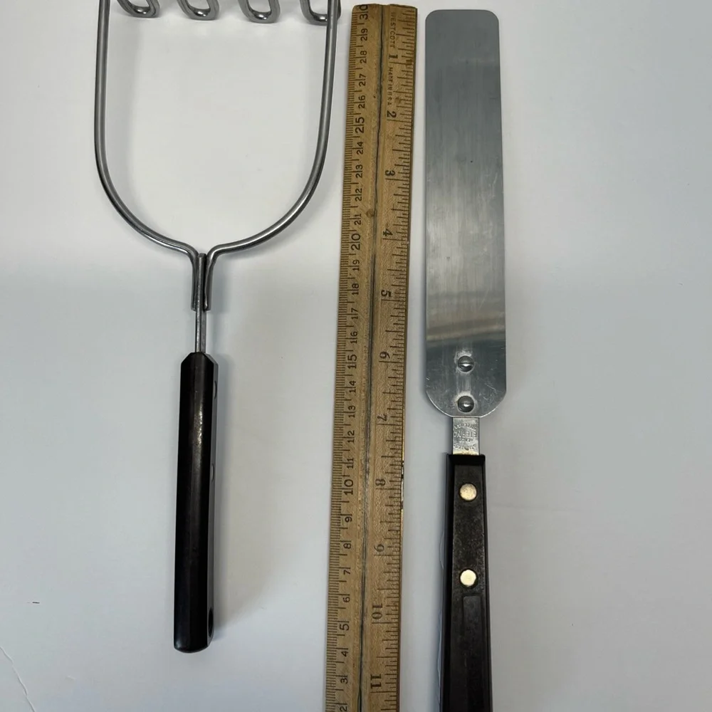 Vintage Ekco Potato & Spatula Stainless Steel Riveted Faux Wood Handle USA